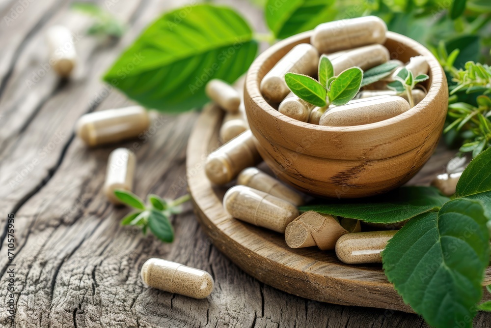 Natural supplements for a healthy good life. Alternative medicine organic capsules with vitamins, drugs with herbs leaves Natural supplements for a healthy good life. Alternative medicine organic capsules with vitamins, drugs with herbs leaves