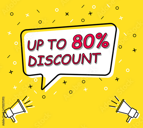 megaphone with sale tag up to 80 percent off speech bubble. Loudspeaker. Banner for business, marketing and advertising. Vector illustration