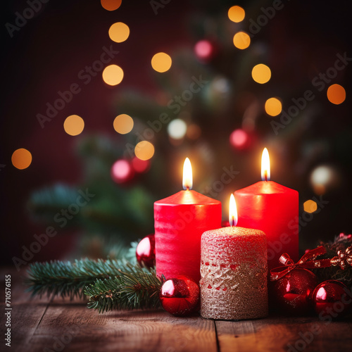 Lit red candles with decorated Christmas tree on background with copy space created with Generative Ai