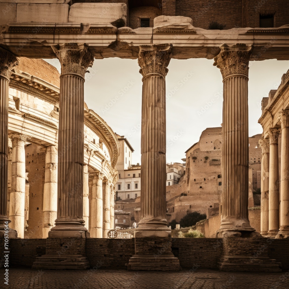 Temple of Hadrian in Rome, Italy. Vintage style.