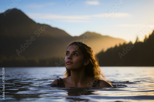 Peaceful female basking in sunset light, mountain backdrop
