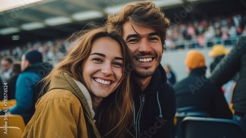 Beautiful smiling couple sitting in a stadium watching a sports event. Portrait of a young couple at a major sports game. Cheerful pair on a date at the stadium. Couple together at a show. photo
