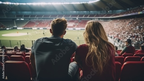 Silhouette of a beautiful couple sitting in a stadium watching a sports event. Young couple at a major sports game. Silhouette of a romantic pair on a date at the stadium. Couple together at a show. photo