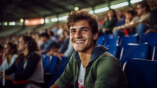 Beautiful smiling boy in a big crowd of people at a concert. Portrait of a young man at a major festival. Cheerful guy chilling at a big local stadium. Night show.