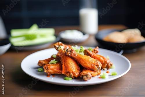 spicy buffalo wings on a plate with celery sticks