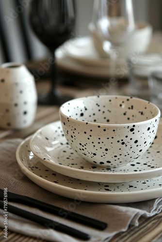 A set of elegant dalmatian print dinnerware and table linens.