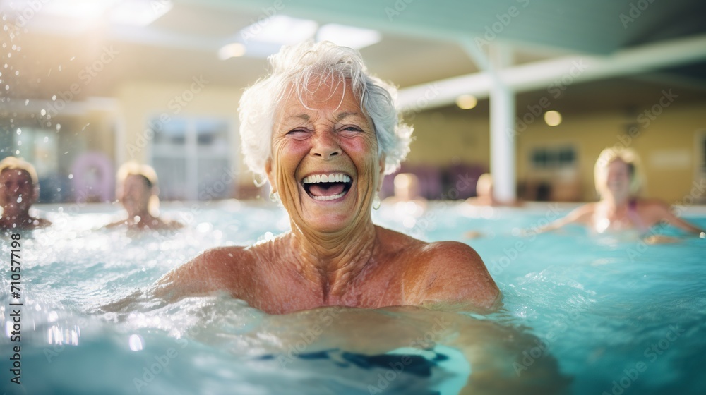 Fototapeta premium Elderly women find joy in aqua gym, staying active and healthy.