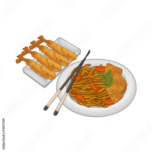 Illustration of fried noodles with shrimp tempura 