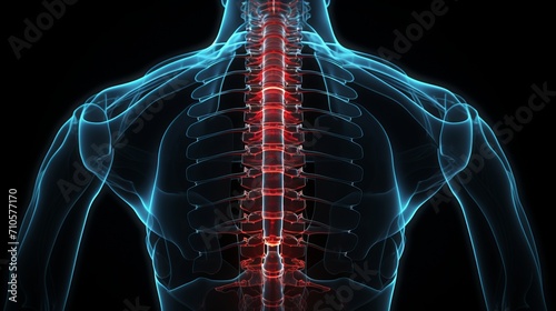 Male anatomy inflamed lumbar spine medical illustration with highlighted structures