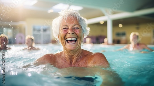 Elderly women find joy in aqua gym, staying active and healthy. © DigitalGenetics