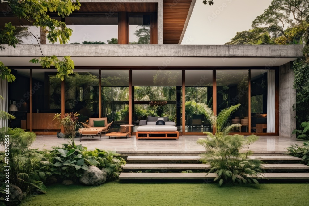 Exterior of a modern villa in the tropics. Nobody inside
