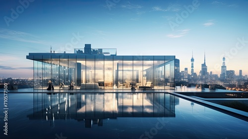 New York City Skyscrapers reflected in water 3D rendering