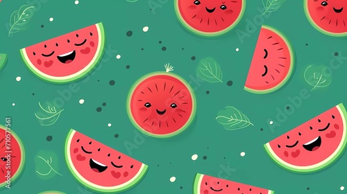 cute fruit pattern smiling watermelon on green background. generative ai