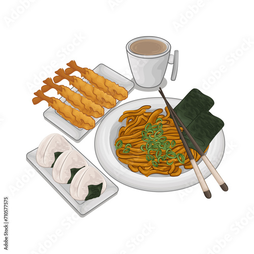 Illustration of fried noodles with shrimp tempura 