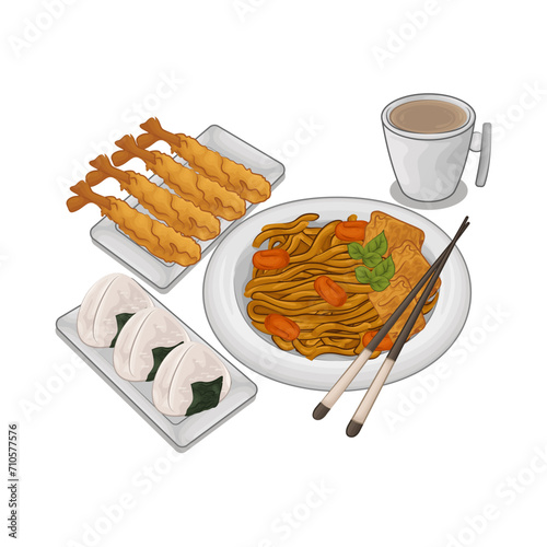 Illustration of fried noodles with shrimp tempura 