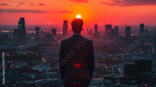Contemplative man overlooking cityscape at sunset, urban vision