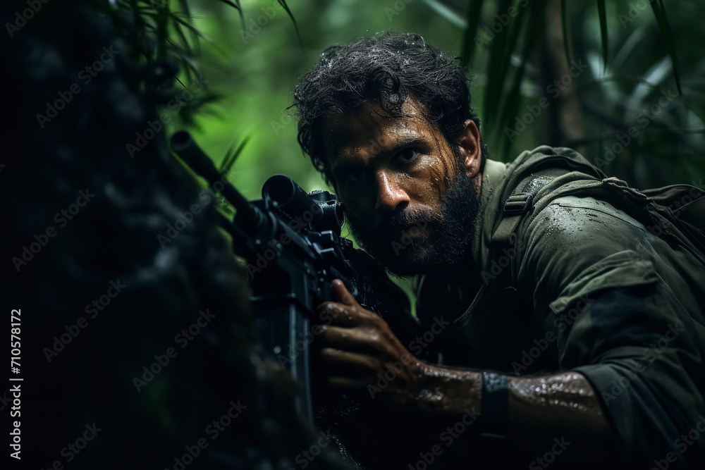 Fototapeta premium A vivid narrative of guerrilla warfare in dense jungles - showcasing asymmetric combat - the cunning tactics of rebel groups