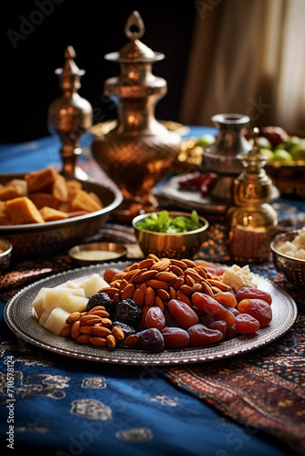 An array of traditional Iftar dishes laid out beautifully on a patterned tablecloth, including dates, samosas, fresh fruits, and traditional sweets created with Generative Ai
