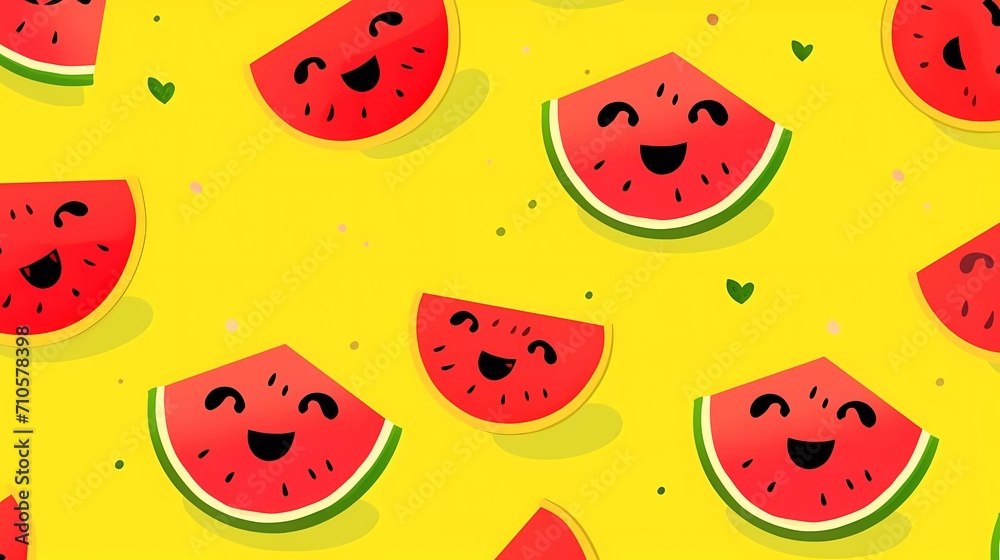 cute fruit pattern smiling watermelon on yellow background. generative ai cute fruit pattern smiling watermelon on yellow background. generative ai
