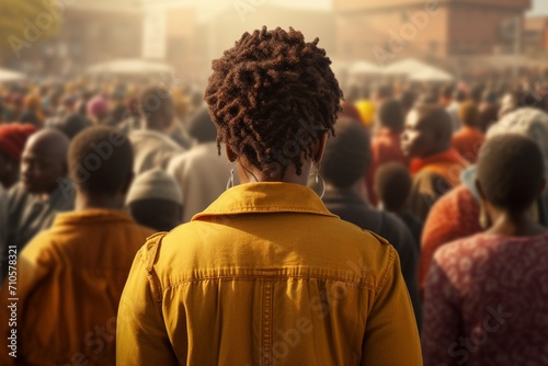 African woman viewed from the back, standing in the middle of a crowd