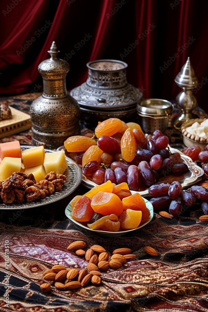 An array of traditional Iftar dishes laid out beautifully on a patterned tablecloth, including dates, samosas, fresh fruits, and traditional sweets created with Generative Ai