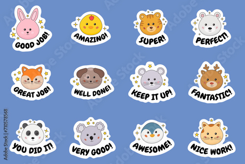Good job, well done, nice work, great, awesome reward labels for kids, pupils with funny animals. Bunny, bear, panda, fox characters stickers for encouraging. Teachers stickers, education motivation.