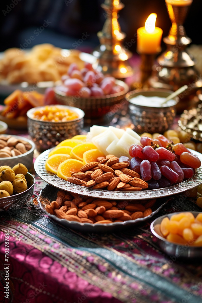 An array of traditional Iftar dishes laid out beautifully on a patterned tablecloth, including dates, samosas, fresh fruits, and traditional sweets created with Generative Ai
