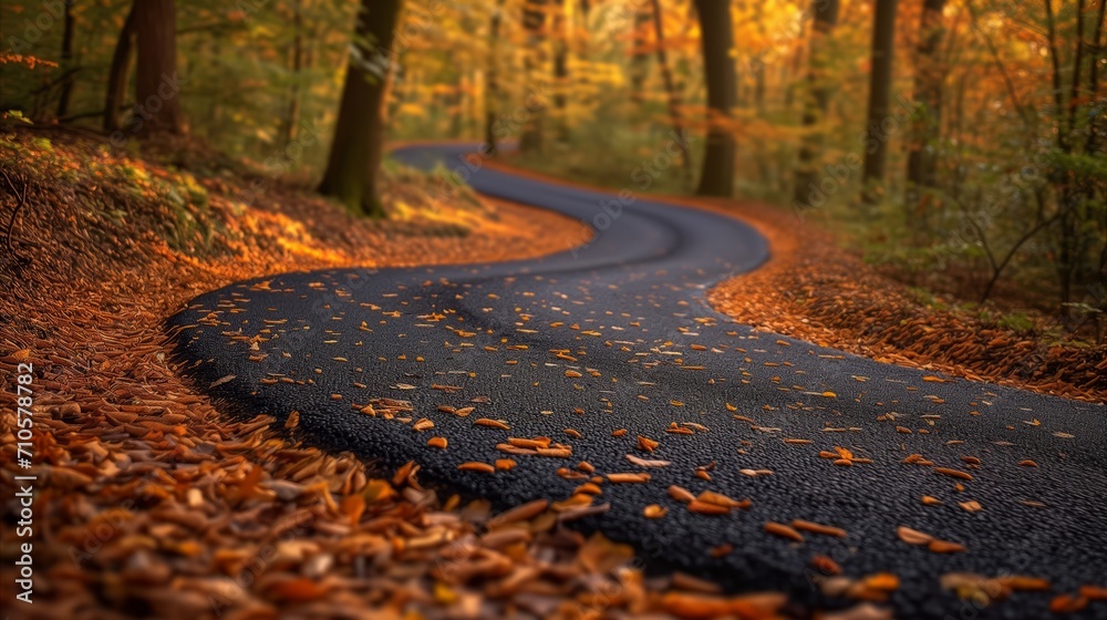 Winding forest road amidst autumn leaves at sunset - obrazy, fototapety, plakaty 