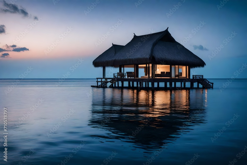 The serene beauty of an overwater bungalow standing alone in twilight, its stilts casting an intricate reflection on the glassy ocean, creating a serene and tranquil scene.