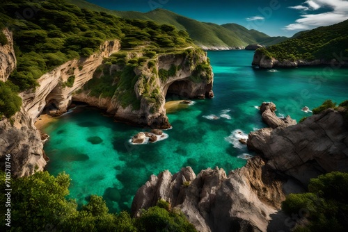A rugged cliffside with emerald greenery framing a secluded cove kissed by crystal-clear waters. © Nature