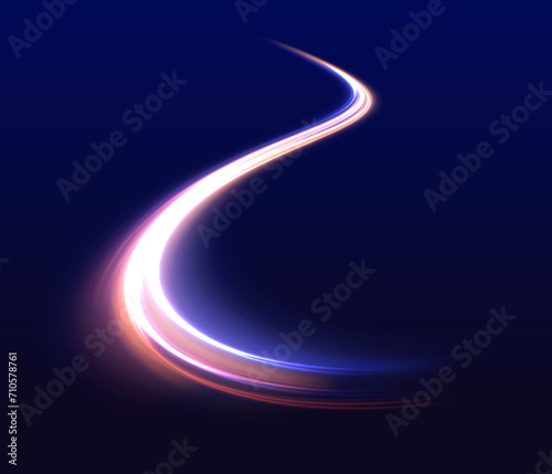 Particle motion light effect. Abstract fire flare trace lens flares. Long exposure of motorways as speed. Night motorway with light effects in neon colors purple. 