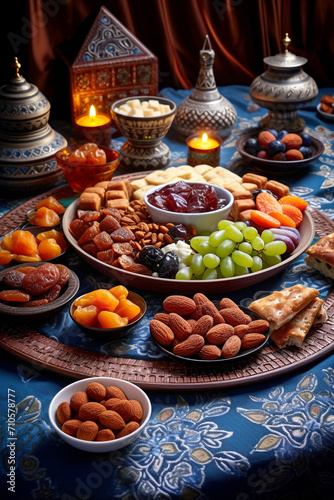 An array of traditional Iftar dishes laid out beautifully on a patterned tablecloth  including dates  samosas  fresh fruits  and traditional sweets created with Generative Ai