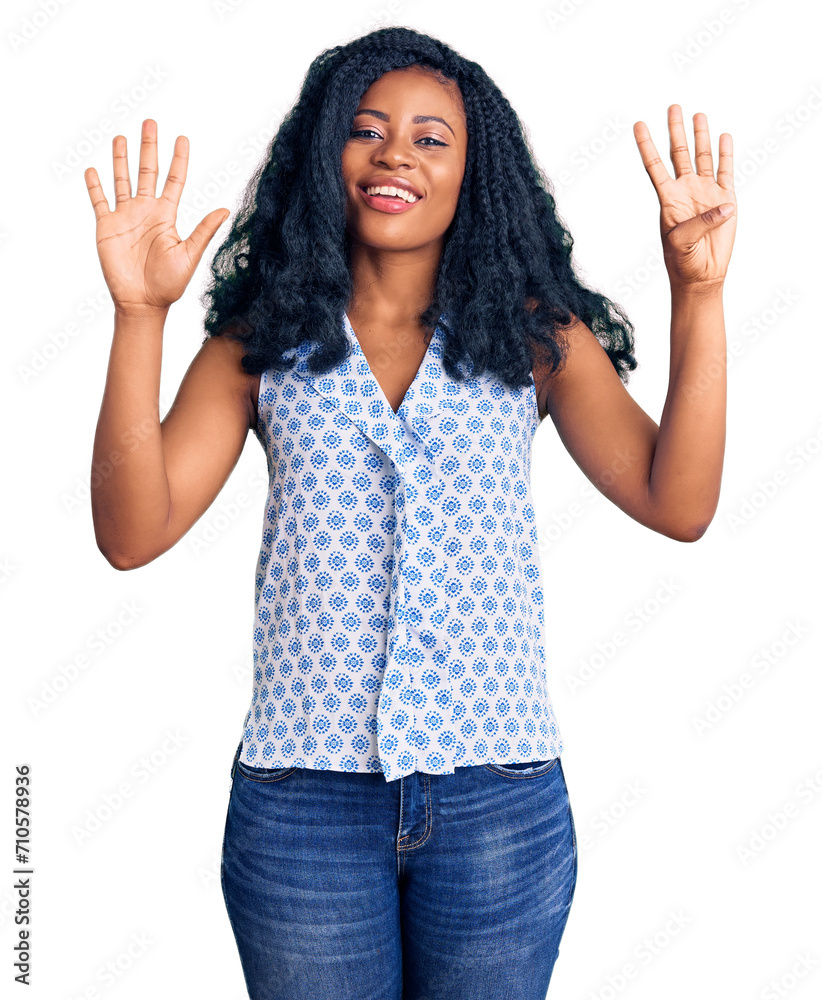 Beautiful african american woman wearing casual summer shirt showing and pointing up with fingers number nine while smiling confident and happy. Beautiful african american woman wearing casual summer shirt showing and pointing up with fingers number nine while smiling confident and happy.
