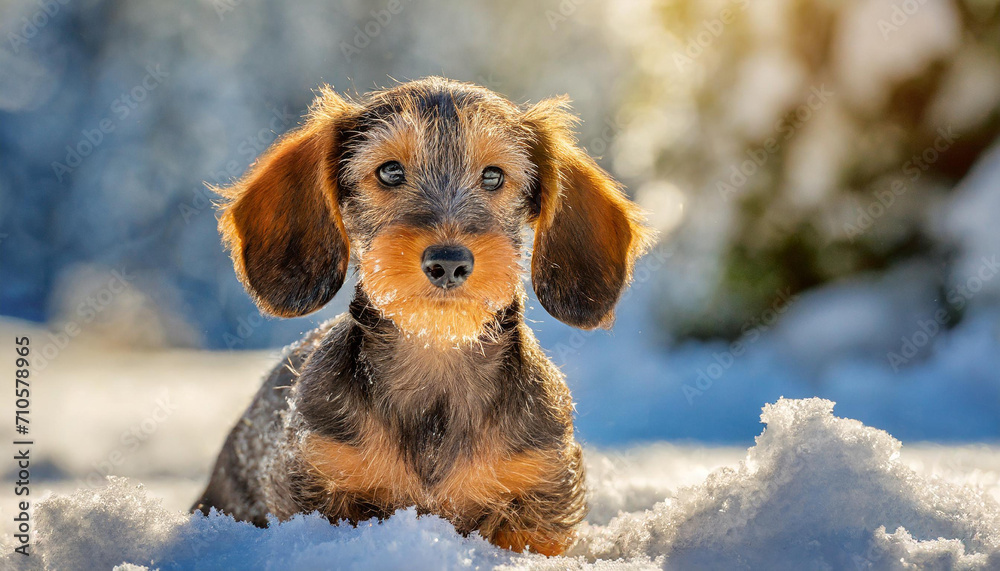 A happy wire-haired dachshund puppy in the snow in a sunny day