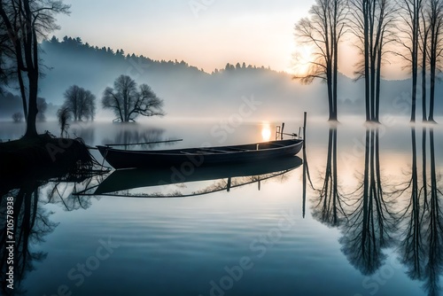 A misty morning over the mirror-like surface of Lake Chiemsee, with the silhouette of a lone boat in the distance. photo