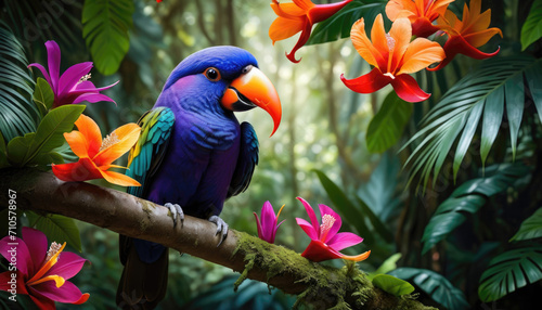 AI generated illustration of a beautiful bird with vivid colored feathers in tropical rain forest
