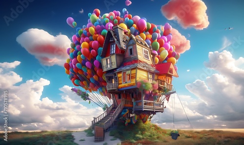 Photorealistic flying house, many details, Ultra detailed, octane render in sky neon collors. Generative Ai

 photo