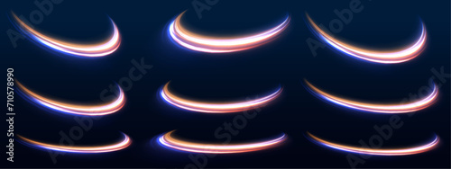 High-speed light line in the form of a road and a highway in a night city. Neon stripes in the form of drill, turns and swirl. Speed of light concept background.	