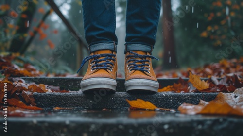 Autumn walk in the rain. Close-up of orange shoes on wet steps