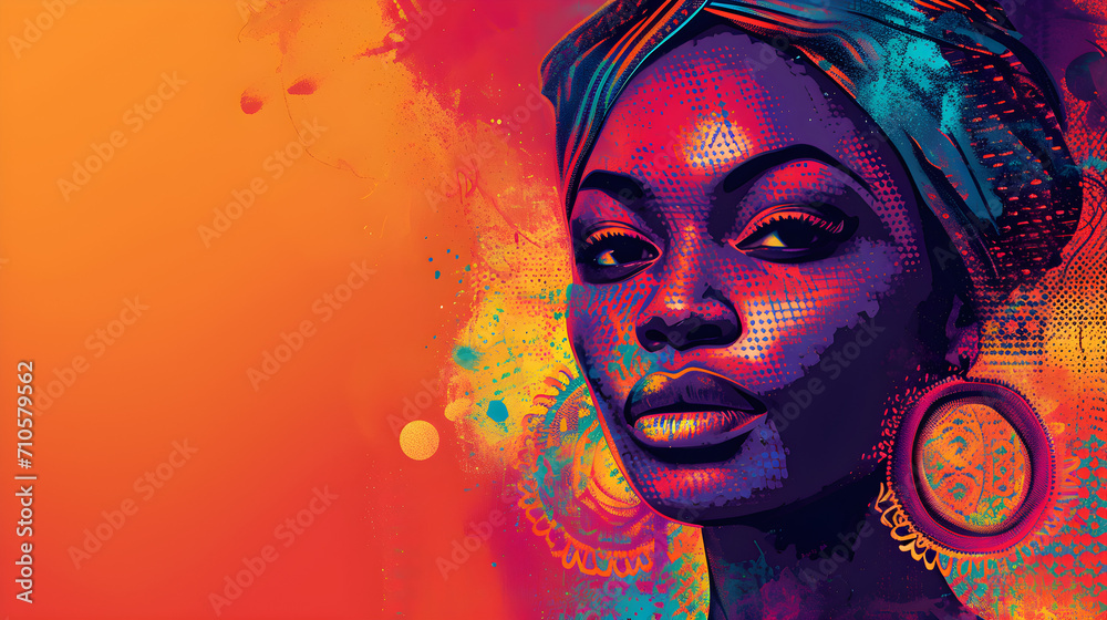 Fototapeta premium A retro futuristic graphic poster featuring a stunning African woman is perfect for Black History Month and promoting diversity in interior design.