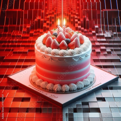 re a captivating illustration featuring a birthday cake on a cinematic red background