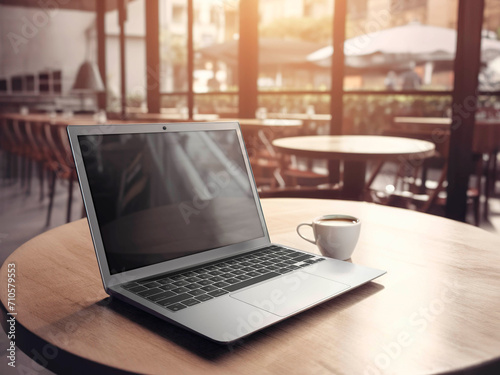 laptop on a wooden table 