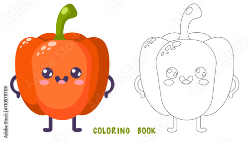 Coloring book of groovy cartoon funny pepper. Happy cute vegetable character with plant with smiling face, graphic elements isolated collection. Vector food illustration.