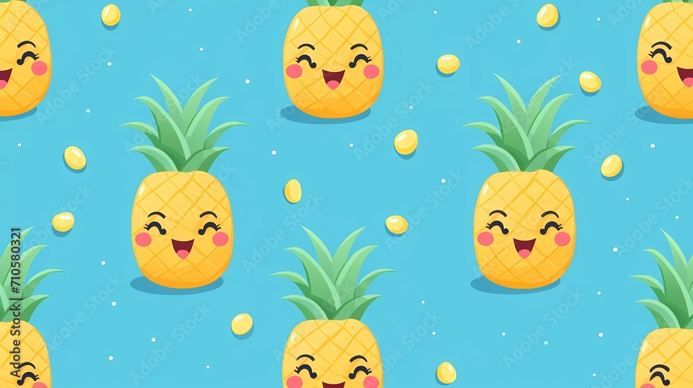 cute fruit pattern smiling pineapple on blue background. generative ai
