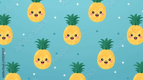 cute fruit pattern smiling pineapple on blue background. generative ai