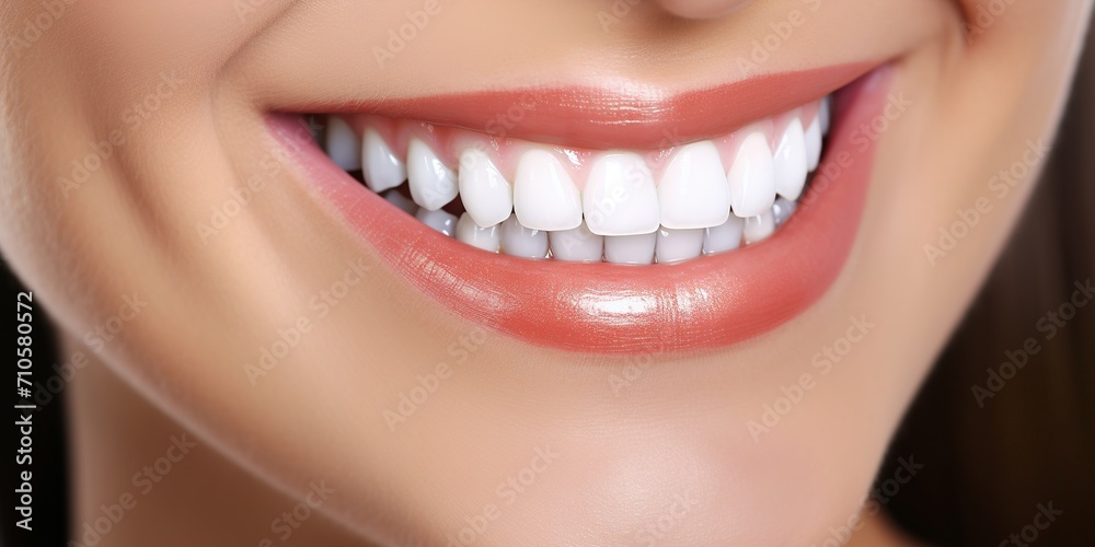 Perfect female smile, Dental advertising, banner for teeth whitening services, showing a close-up of a woman's perfect white teeth. Perfect female smile, Dental advertising, banner for teeth whitening services, showing a close-up of a woman's perfect white teeth.
