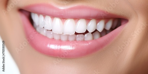 Perfect female smile, Dental advertising, banner for teeth whitening services, showing a close-up of a woman's perfect white teeth.
