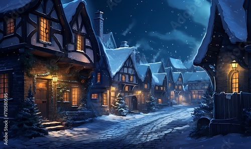Snowy village with illuminated windows on a cold winter night. Generative Ai  