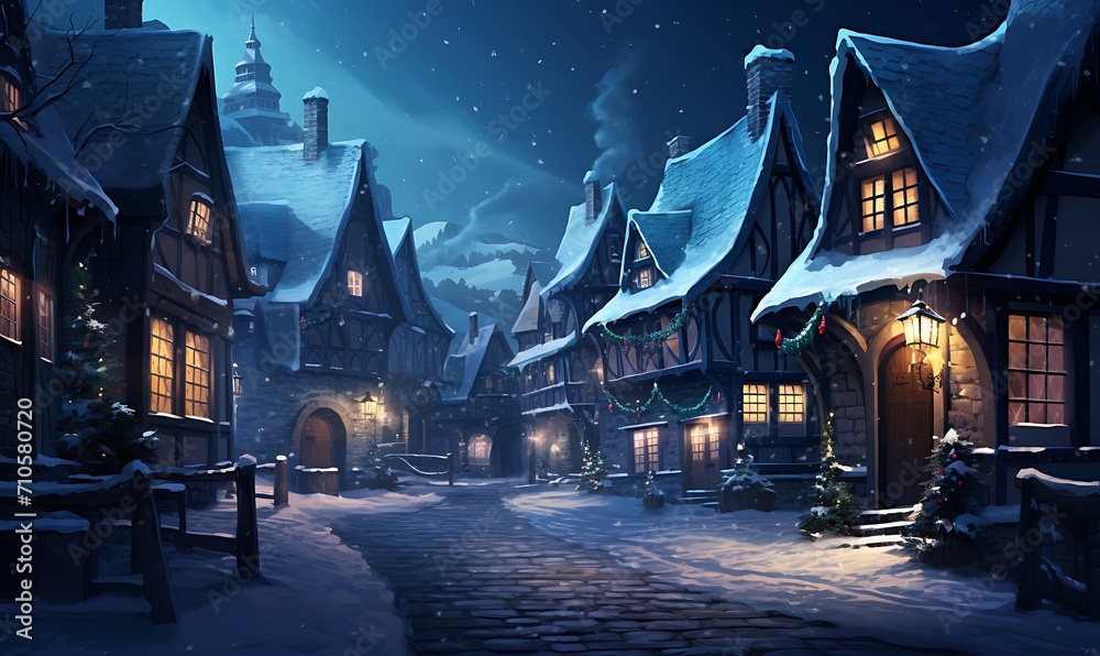 Snowy village with illuminated windows on a cold winter night. Generative Ai

