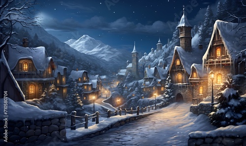 Snowy village with illuminated windows on a cold winter night. Generative Ai